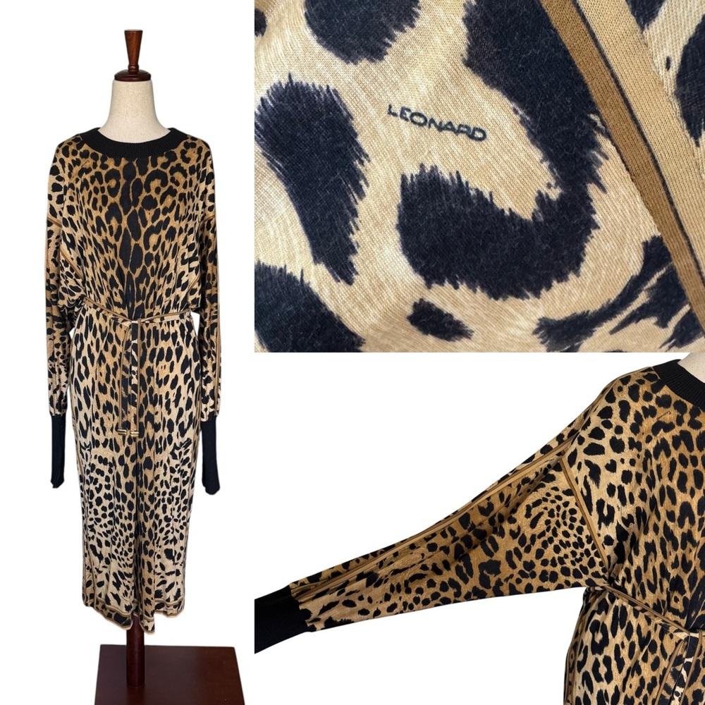 Vintage 80s LEONARD Paris Leopard Cheetah Wool Silk Dress Animal Print Medium